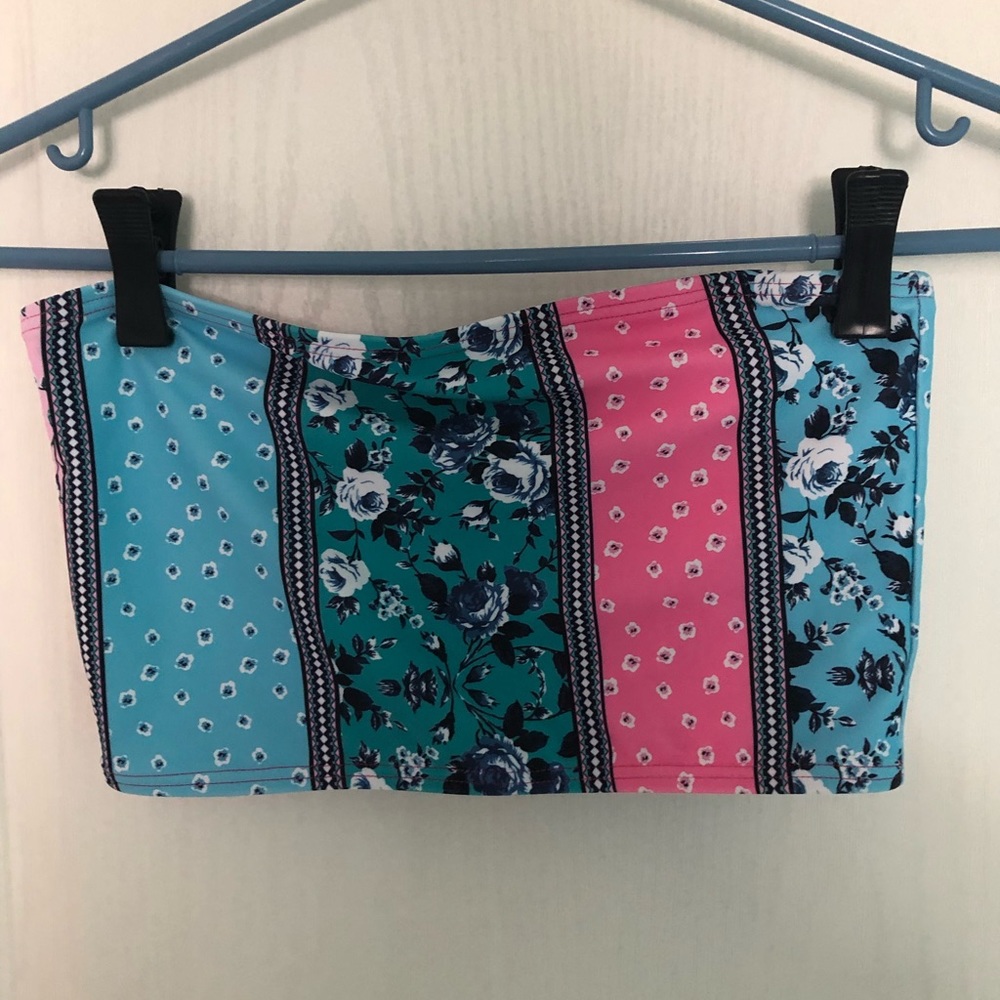 Kulani Kinis Striped Floral Bandeau Bikini Top in Teal Pink Blue